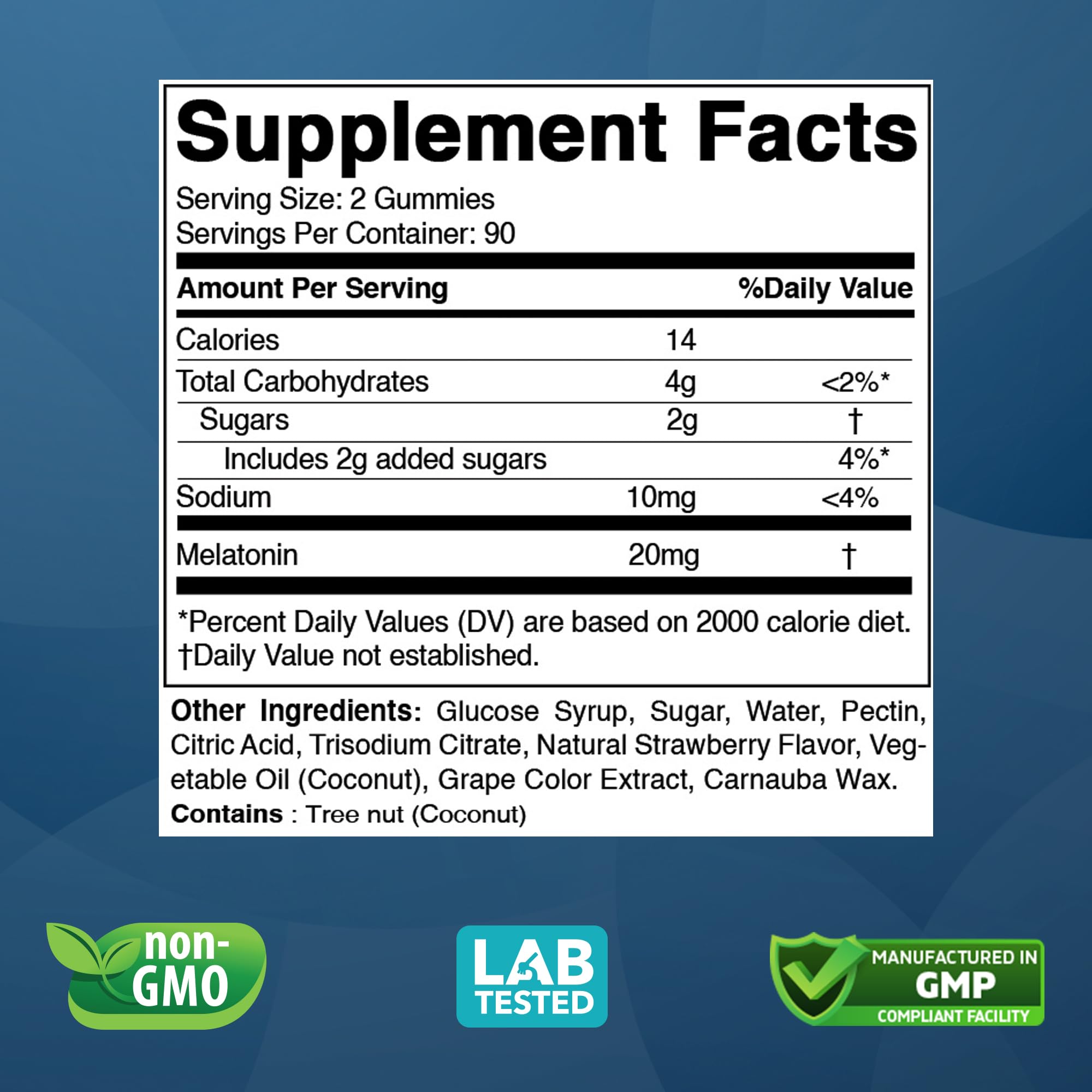Vitabod Melatonin 20mg gummies label showing ingredients and potency