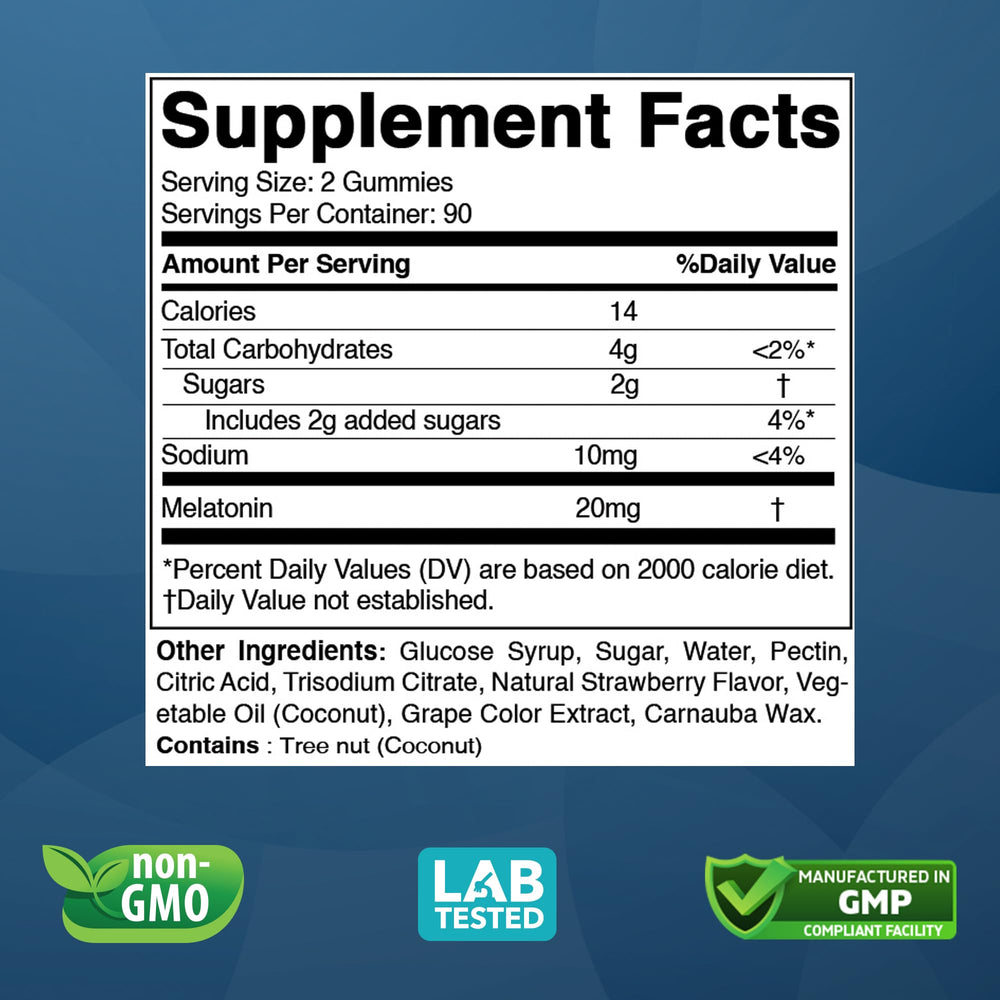 Vitabod Melatonin Gummies bottle back label shows potency and ingredients