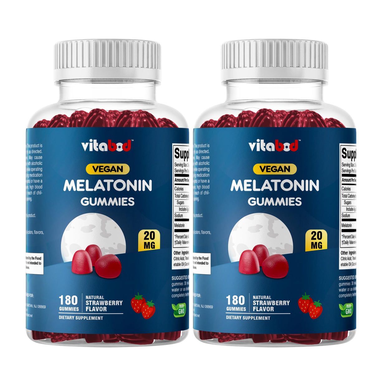 Vitabod Melatonin Gummies bottle front highlighting natural strawberry flavor