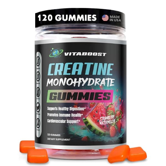 VitaBoost Creatine Gummies bottle display showing a 5g serving for strength support.