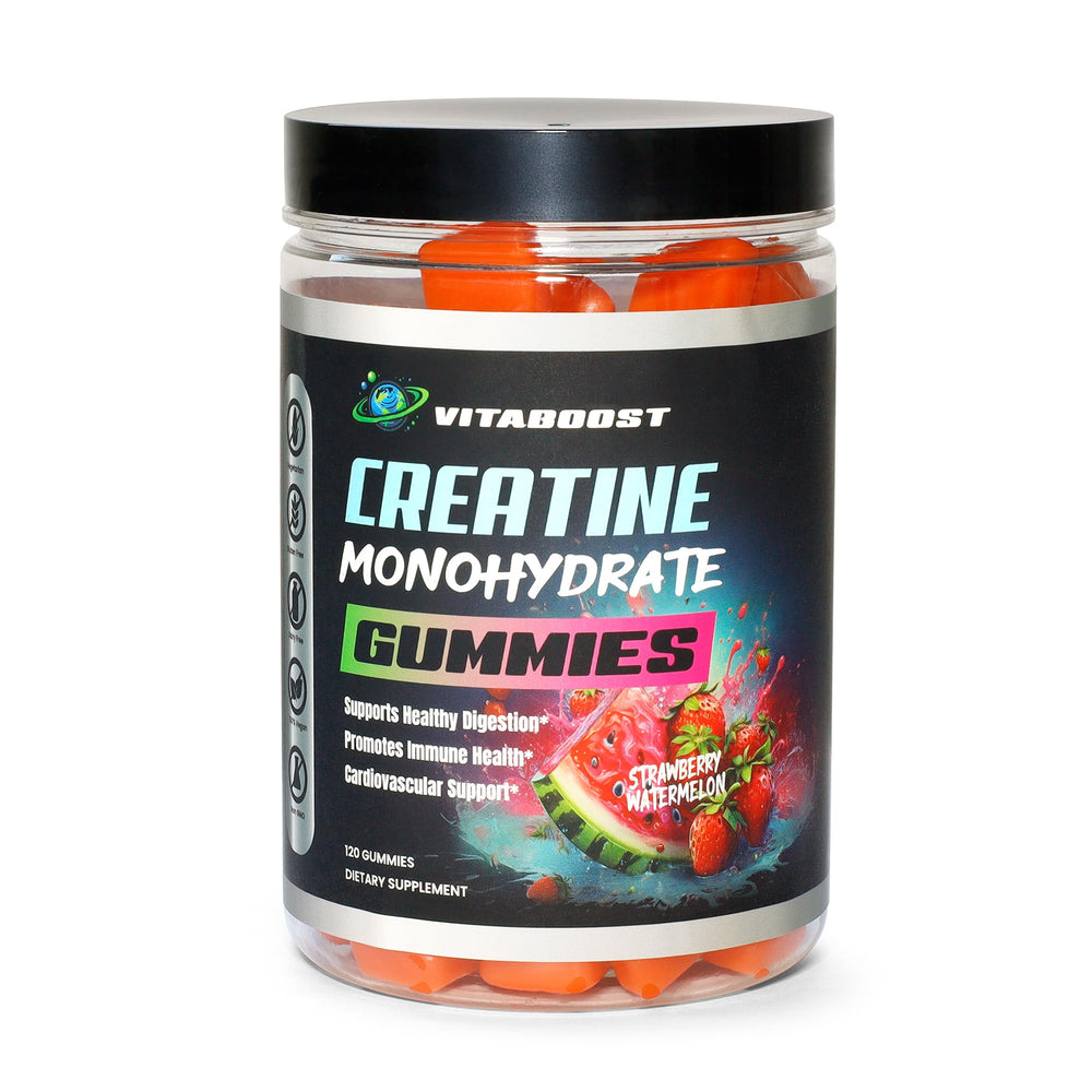 VitaBoost Creatine Gummies gym setting with athletes taking supplements.