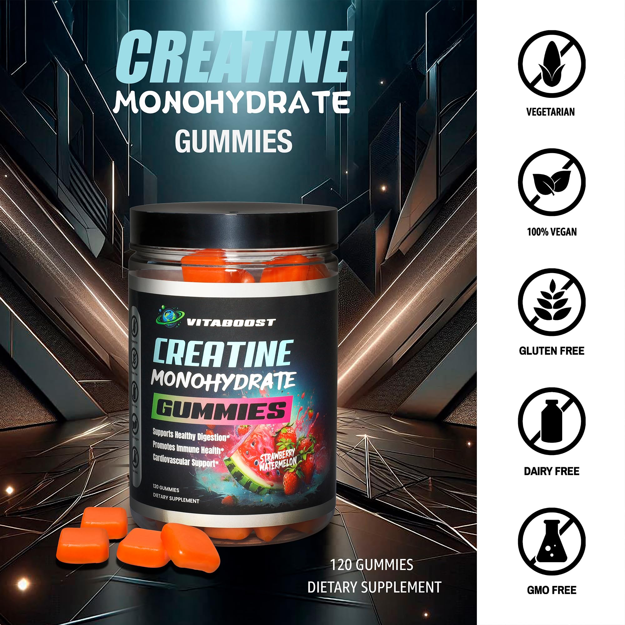VitaBoost Creatine Gummies sugar-free variant on label emphasizing healthy lifestyle.
