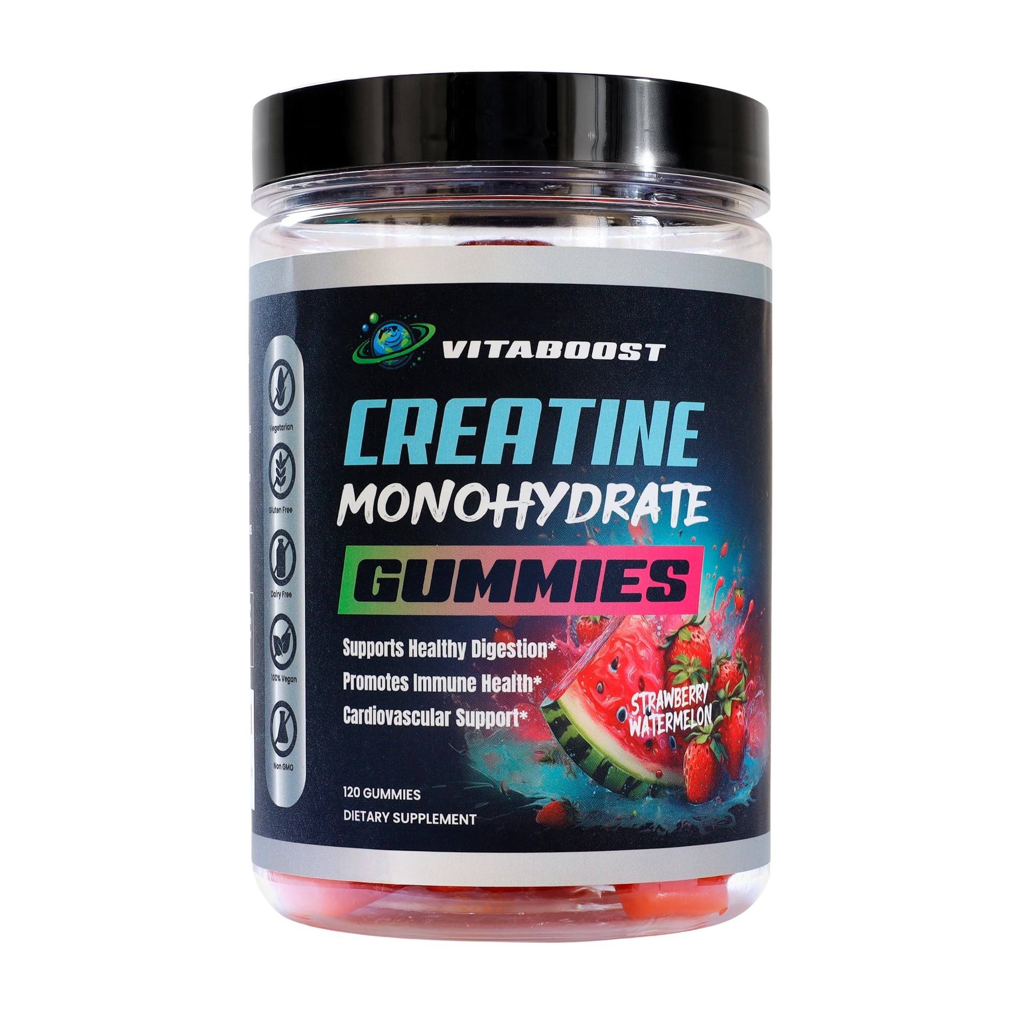 VitaBoost Creatine Gummies vegan halal friendly logo on jar.