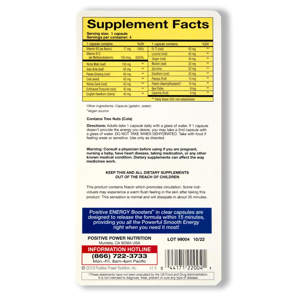 VitaBoost Positive Energy Boosters packaging demonstrates convenient capsules for quick, sustained daytime energy.