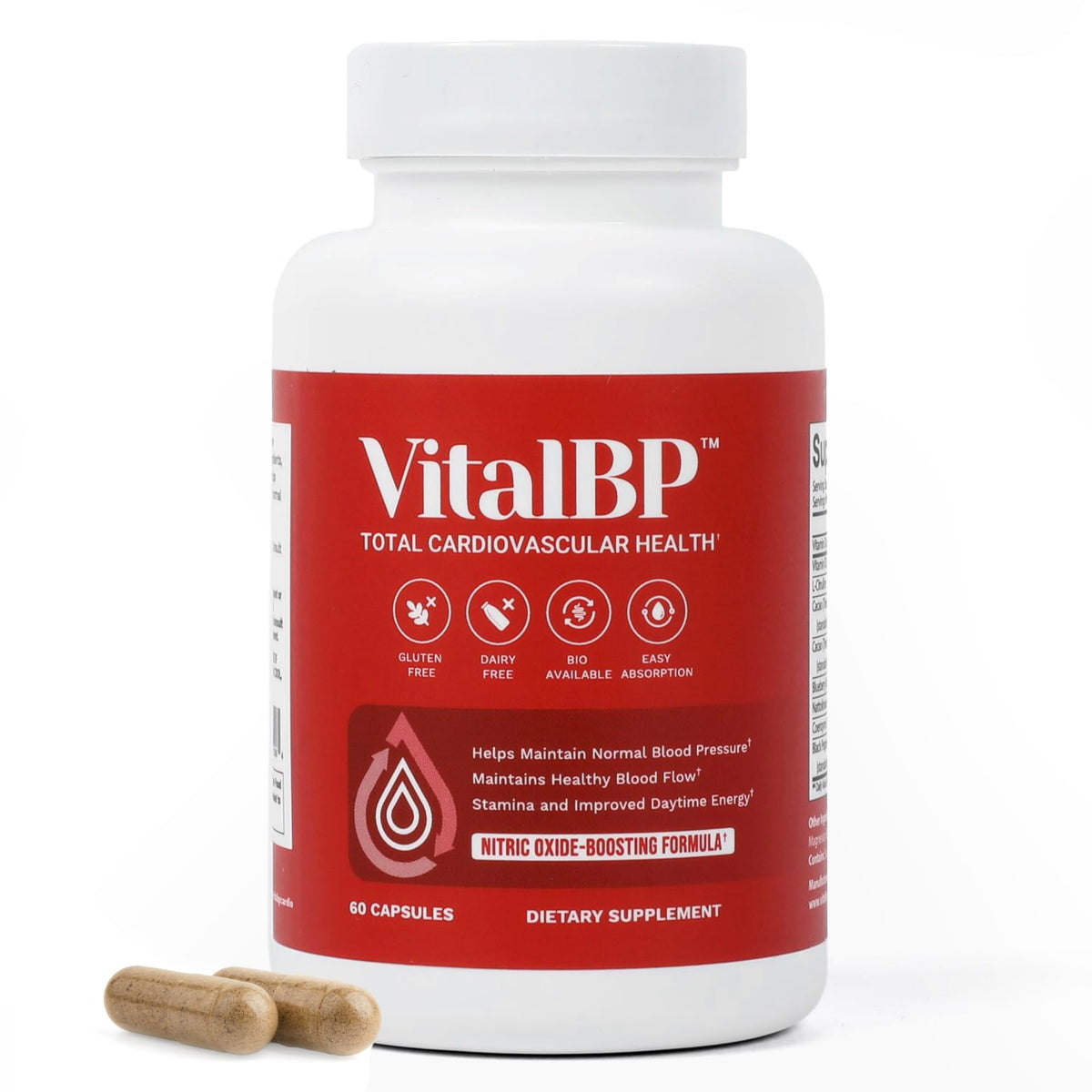 VitalBP bottle front view highlighting the formula for healthy blood flow support.