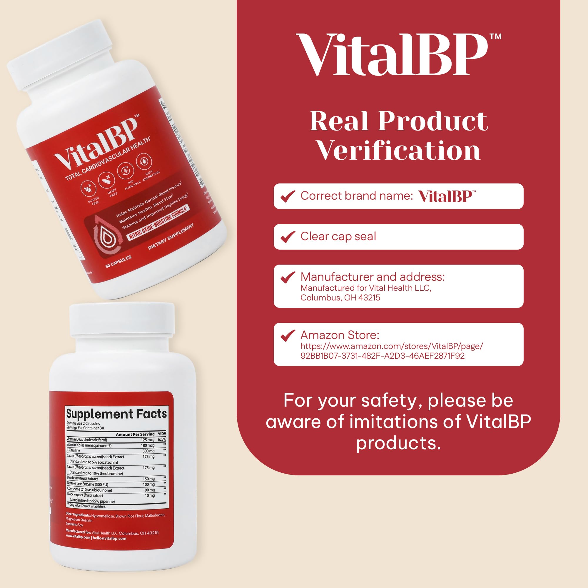 VitalBP label close-up with ingredients list for everyday wellness.