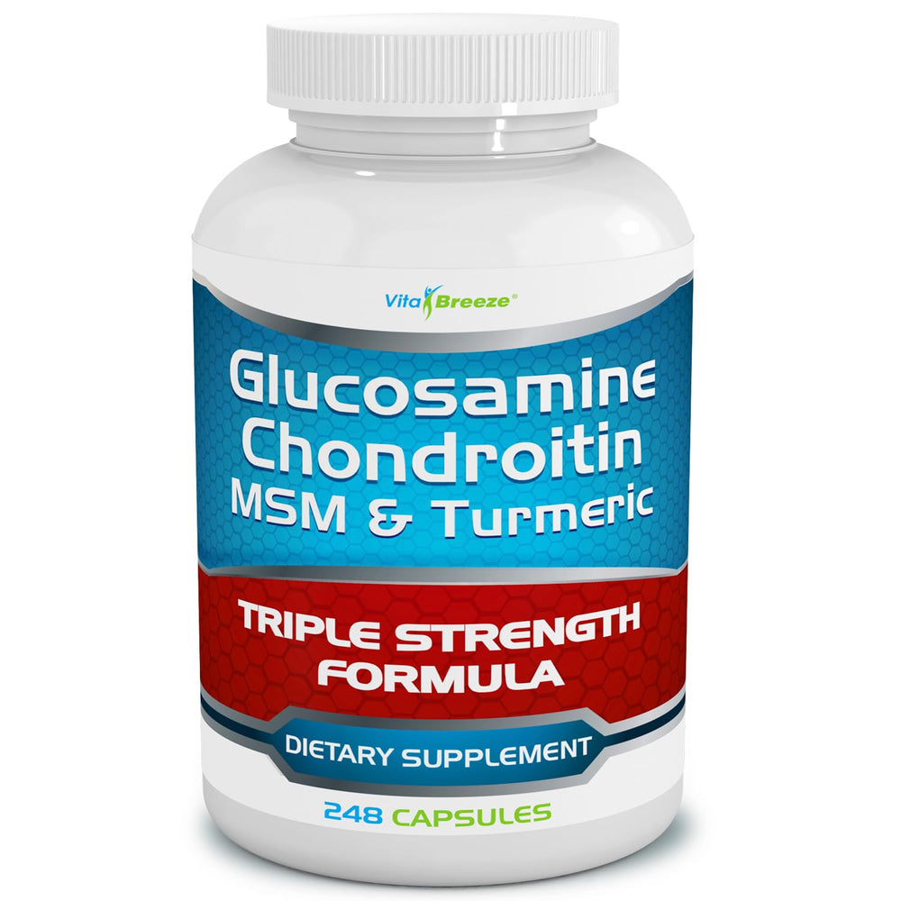 VitaBreeze bottle front displaying glucosamine chondroitin MSM turmeric for joint support.