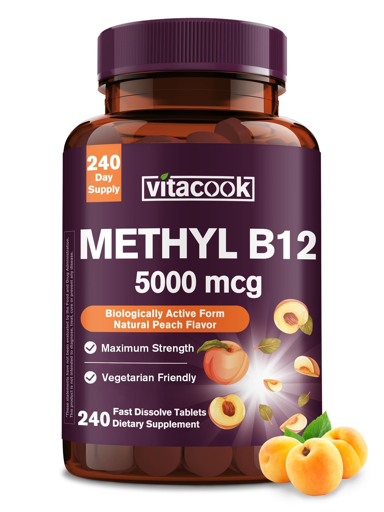 Vitacook B12 fast-dissolve peach tablets for quick energy support.