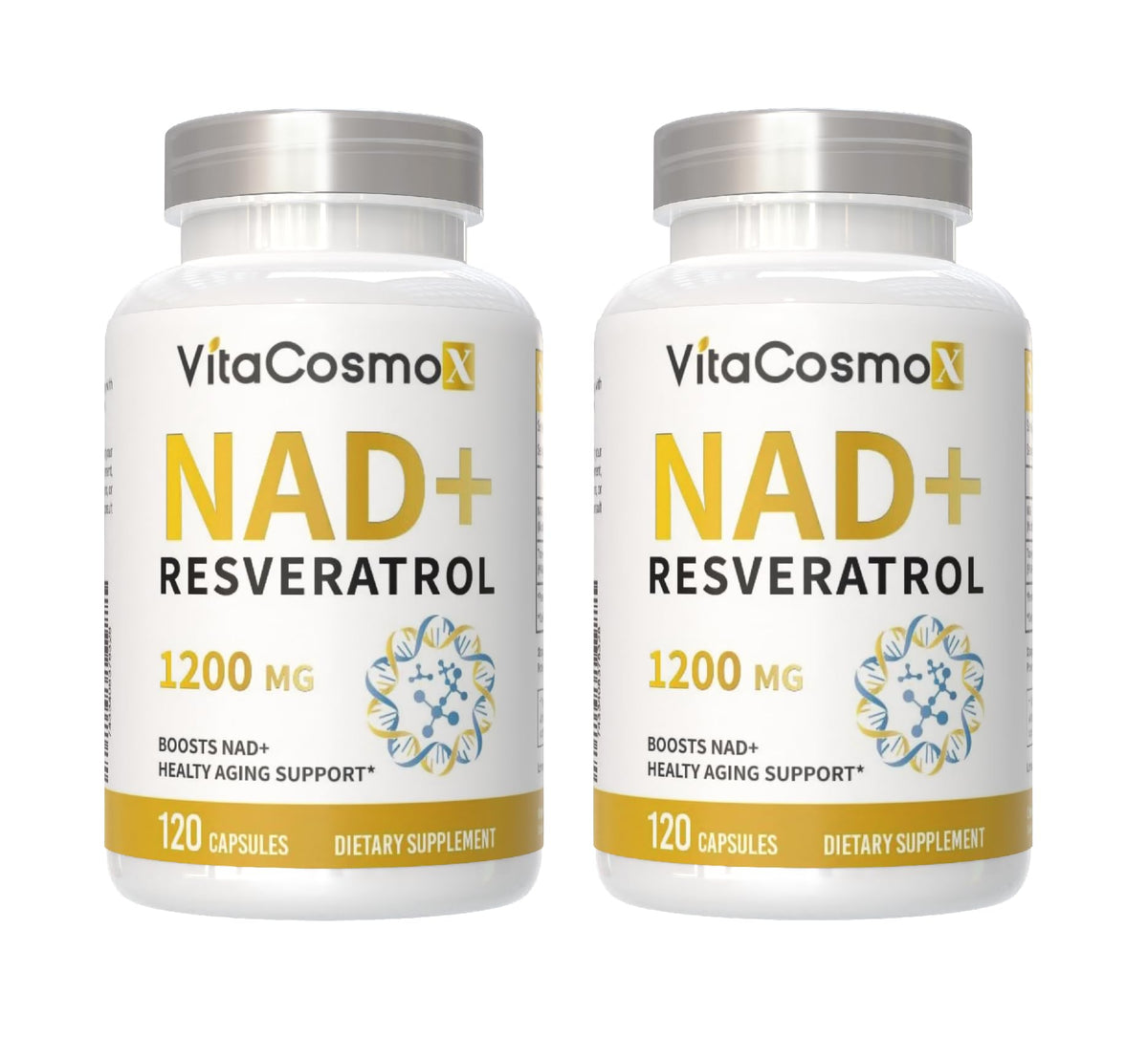 VitaCosmoX NAD+ bottle label highlighting vegan and gluten-free formula.