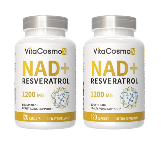 VitaCosmoX NAD+ bottle label highlighting vegan and gluten-free formula.