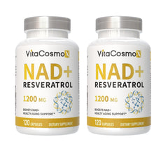 VitaCosmoX NAD+ bottle label highlighting vegan and gluten-free formula.