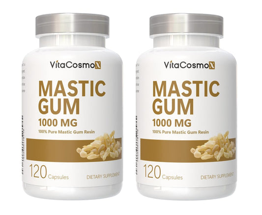 VitaCosmoX Mastic Gum Capsules bottle front for easy daily vegetarian supplement