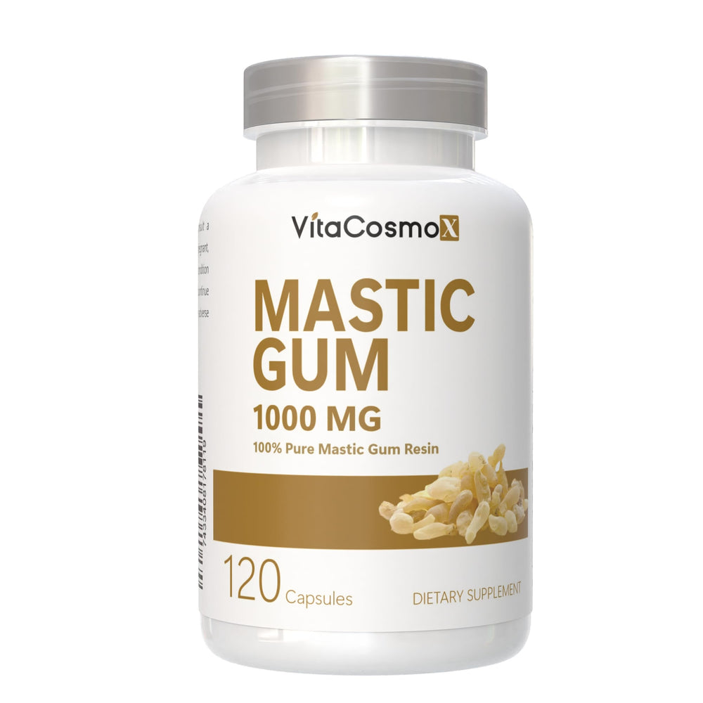 VitaCosmoX Mastic Gum Capsules closeup shows veggie capsules with gluten-free, non-GMO formulation
