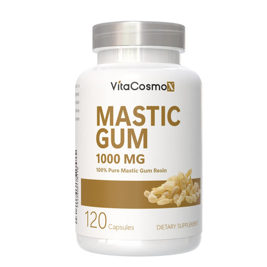 VitaCosmoX Mastic Gum Capsules closeup shows veggie capsules with gluten-free, non-GMO formulation