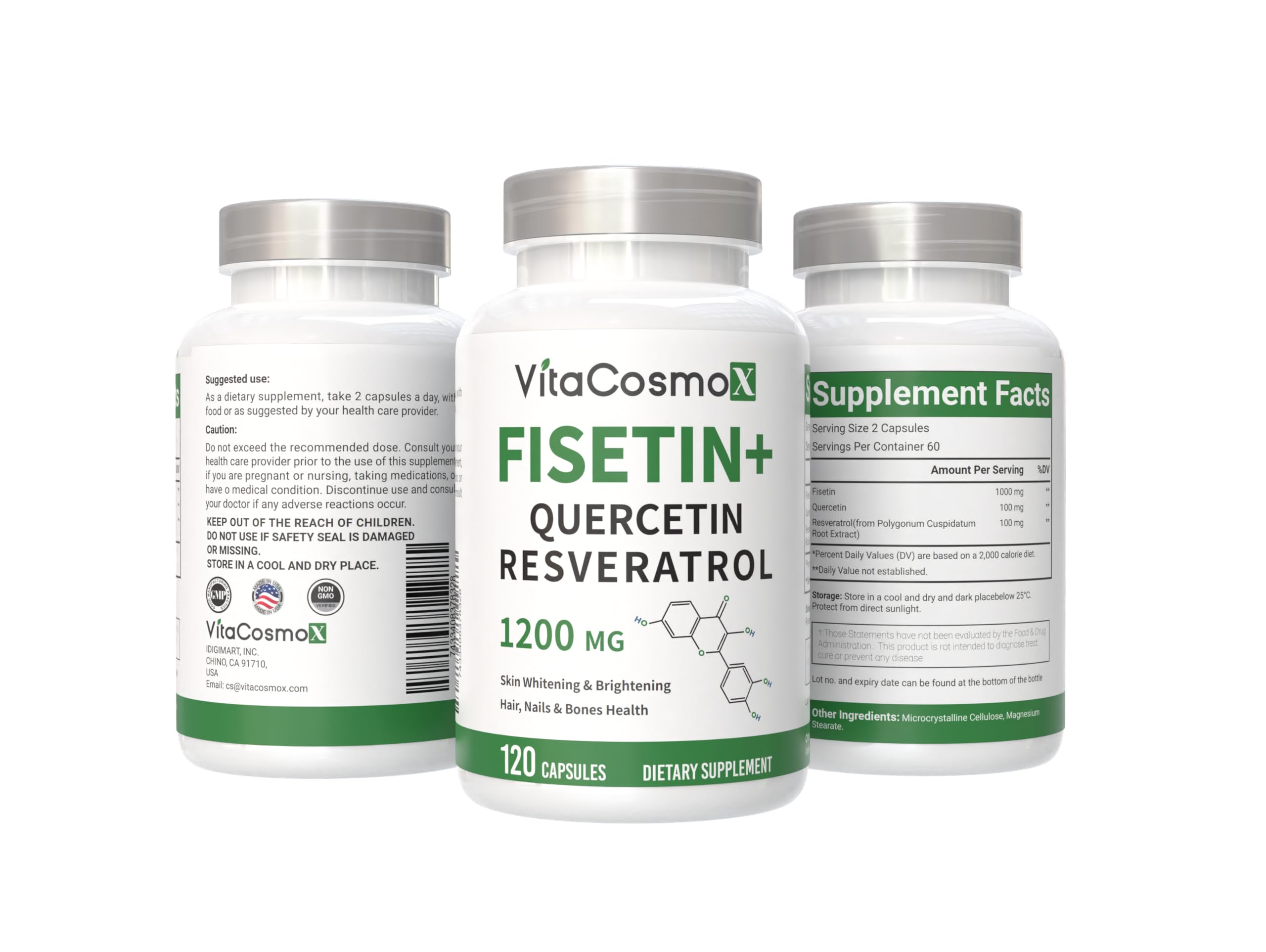 VitaCosmoX veggie capsules close-up reveals vegetarian, non-GMO ingredients.