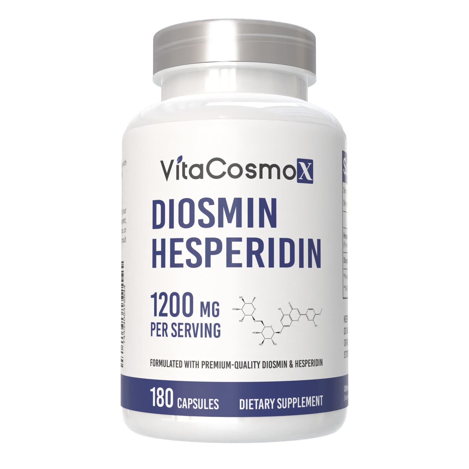 Front label of VitaCosmoX Diosmin Hesperidin bottle highlighting key features