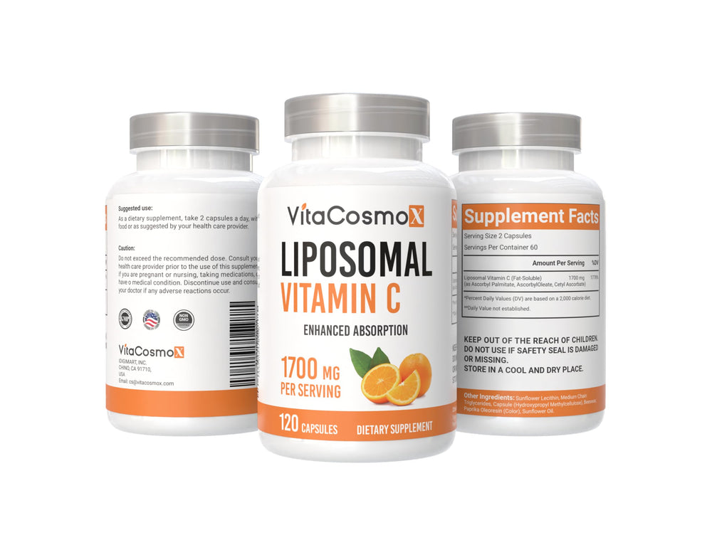 VitaCosmoX Liposomal Vitamin C capsules close-up, plant-based formulation
