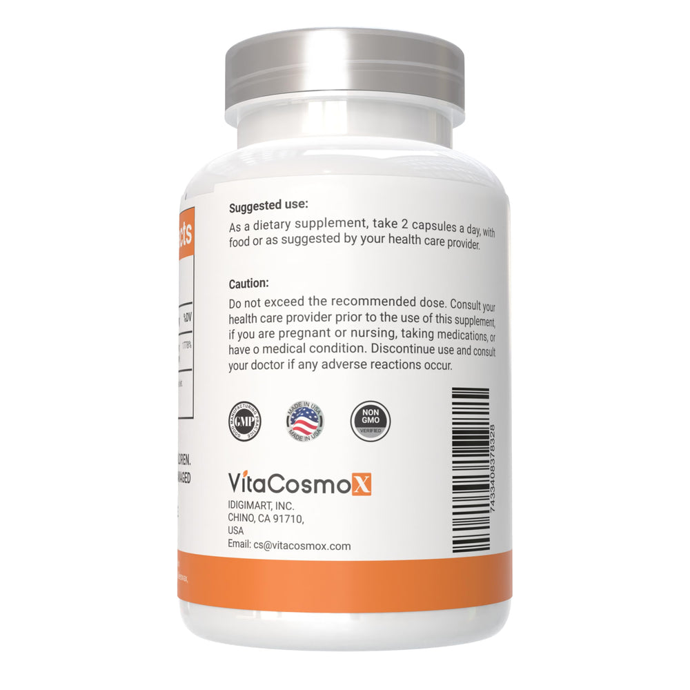 VitaCosmoX Liposomal Vitamin C capsules on a clean surface emphasizing ingredients