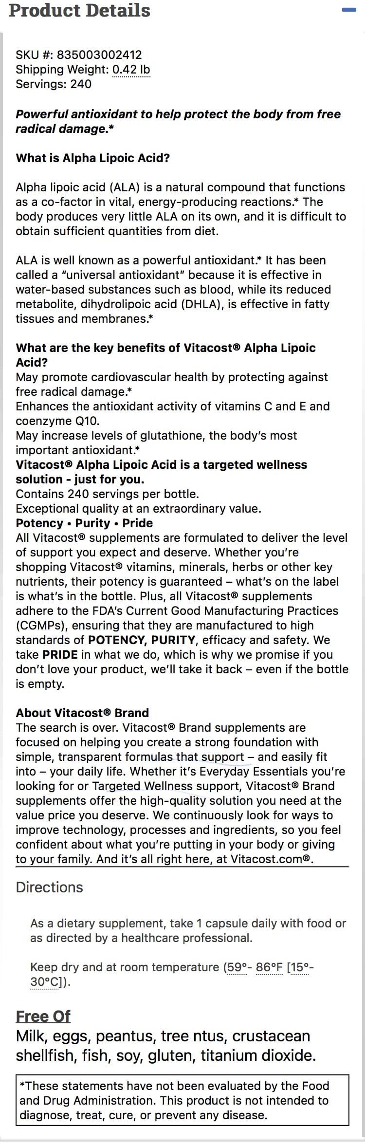 Vitacost Alpha Lipoic Acid bottle label front view highlighting value and quality.