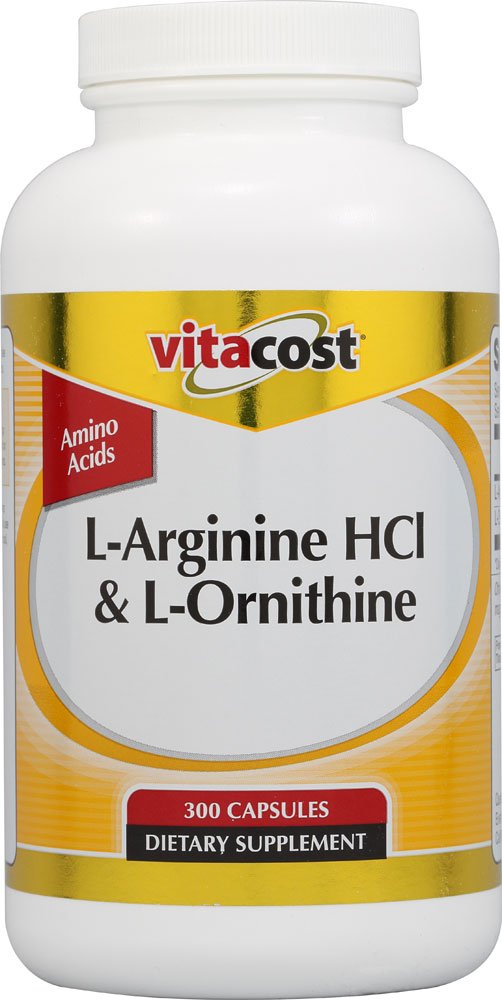 Vitacost L-Arginine HCl & L-Ornithine bottle showing 100 servings for strength support