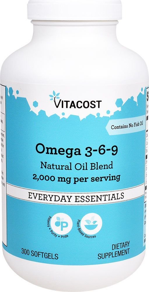 Vitacost Omega 3-6-9 bottle highlights a plant-based blend for heart and joint support.