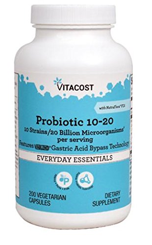 Vitacost Probiotic 10-20 bottle with 20B CFU supports gut balance and daily digestion.