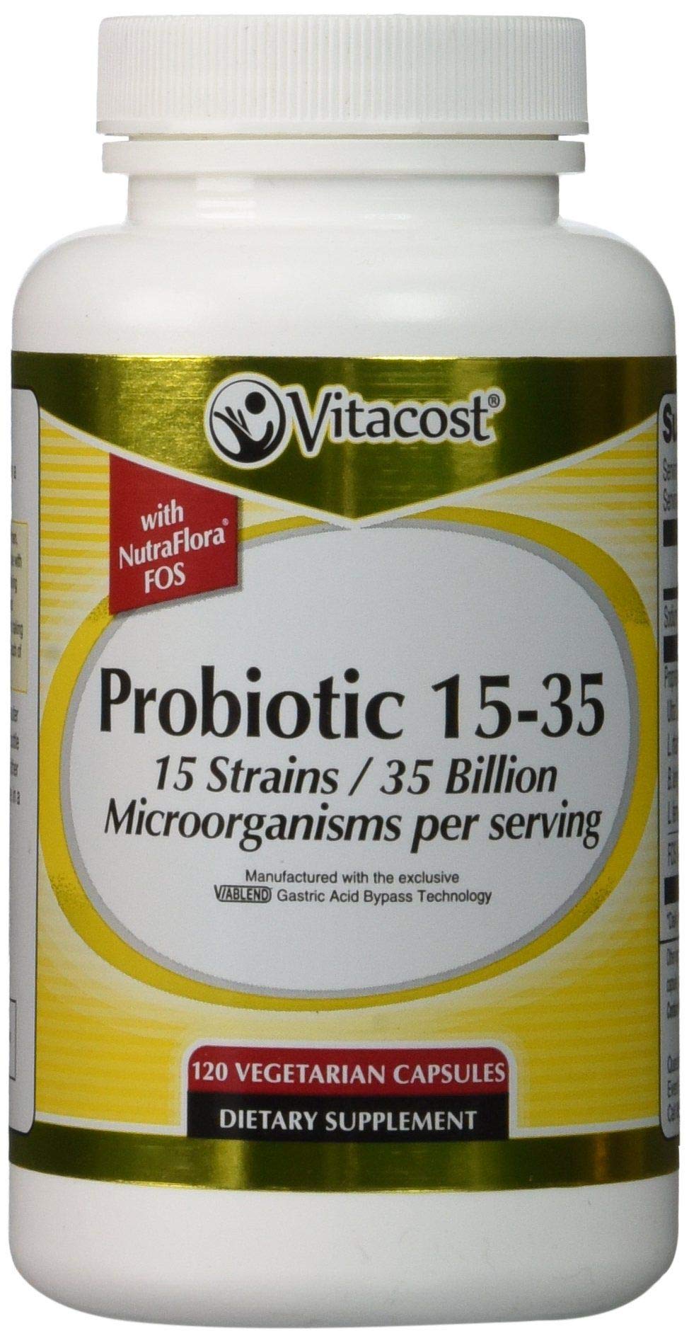 Vitacost Probiotic 15-35 bottle front promoting digestive balance.