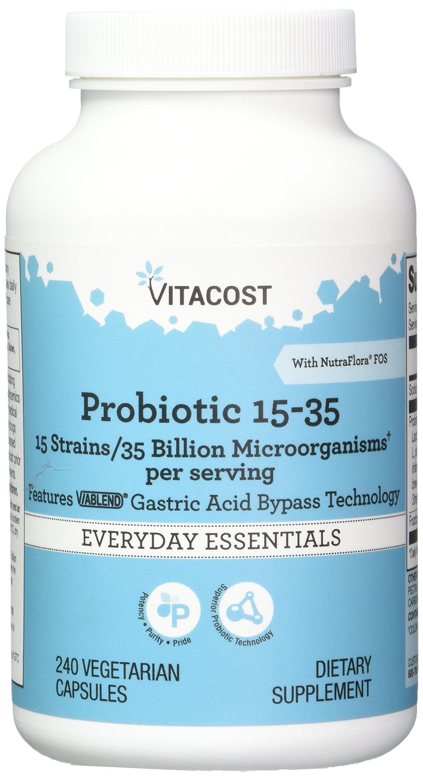 Vitacost Probiotic 15-35 Billion bottle with capsules supports daily digestion and immune balance.
