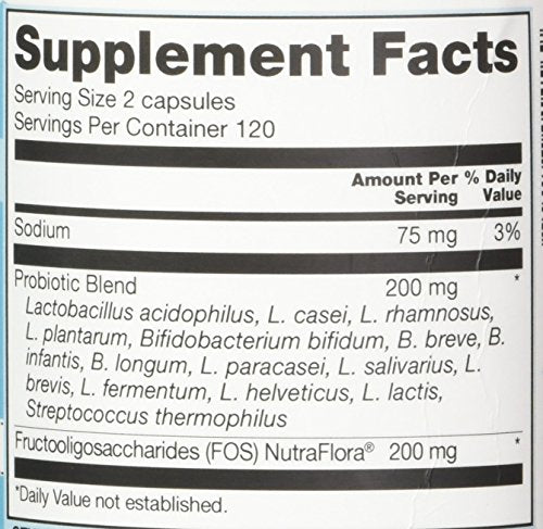 Vitacost Probiotic 15-35 Billion packaging highlights NutraFlora FOS prebiotic support.