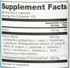 Vitacost Probiotic 15-35 Billion packaging highlights NutraFlora FOS prebiotic support.