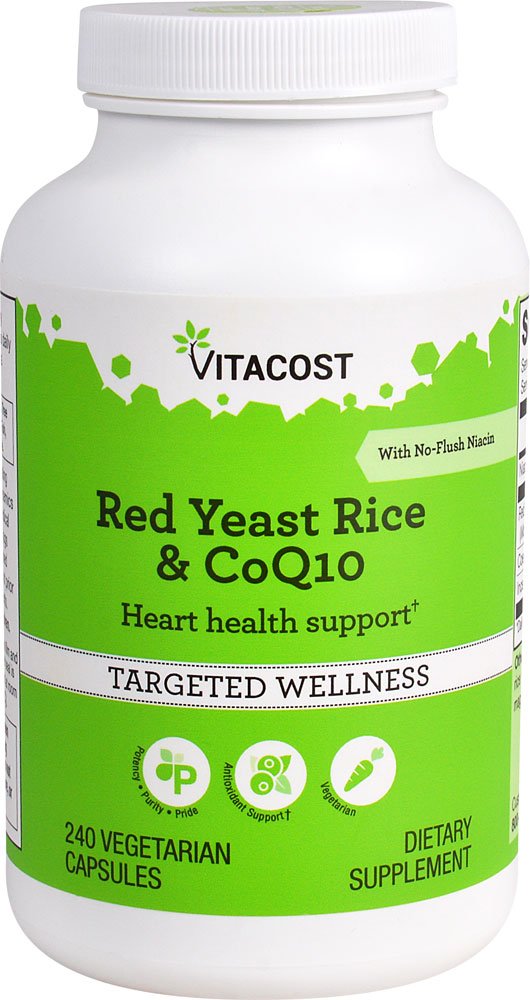 Vitacost Red Yeast Rice & CoQ10 bottle with no-flush niacin for everyday wellness.