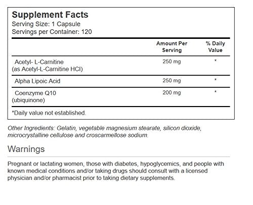 Vitacost Synergy capsules close-up highlighting ALC, ALA, and CoQ10 benefits for energy and aging support