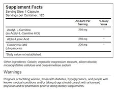 Vitacost Synergy capsules close-up highlighting ALC, ALA, and CoQ10 benefits for energy and aging support