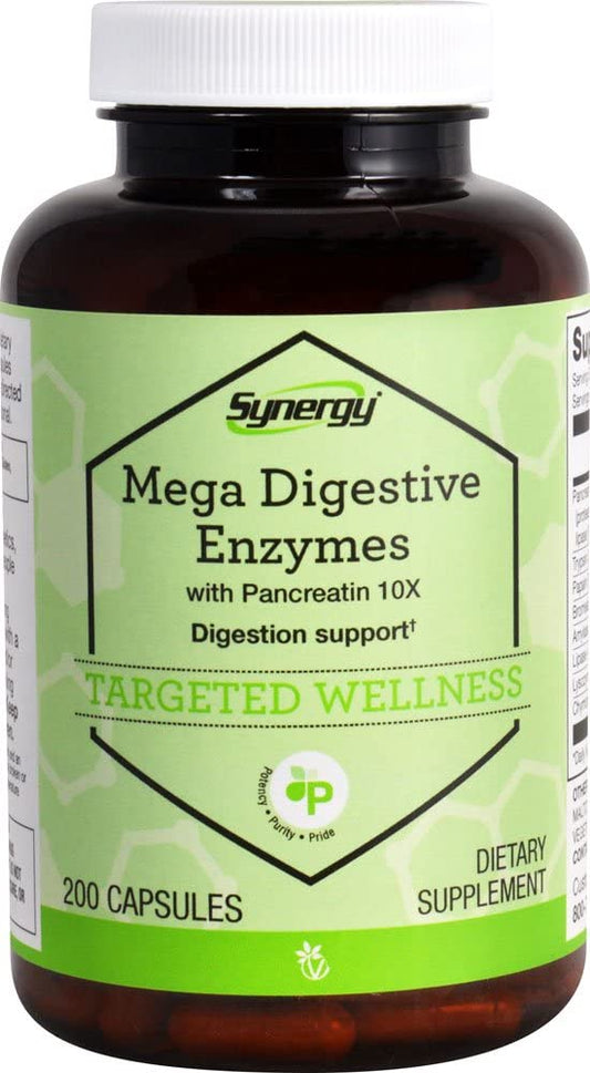 Vitacost Synergy Mega Digestive Enzymes bottle with pancreatin 10X promotes nutrient absorption