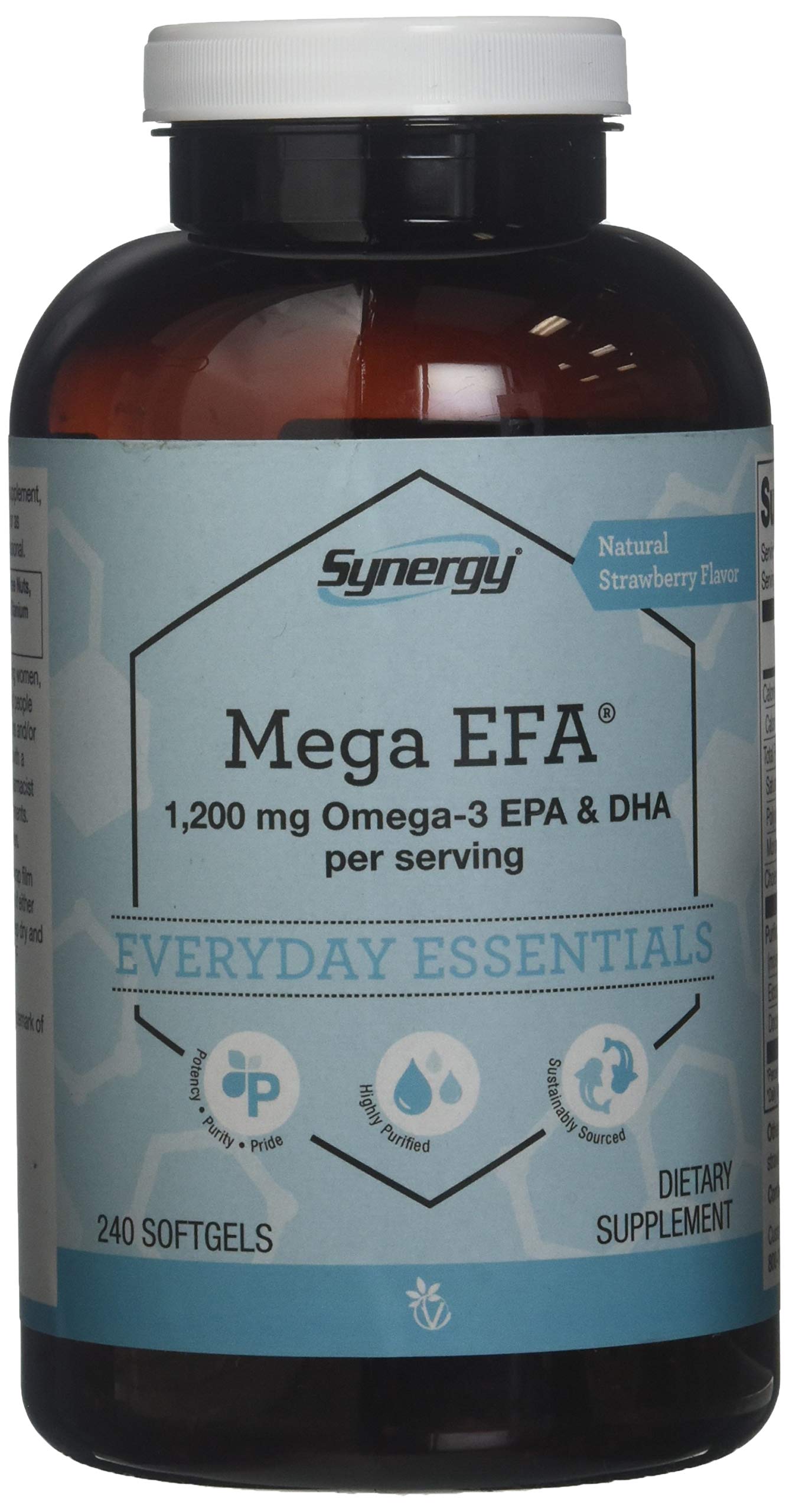 Vitacost Synergy Mega EFA Mini Gels bottle on shelf for daily omega-3 support.