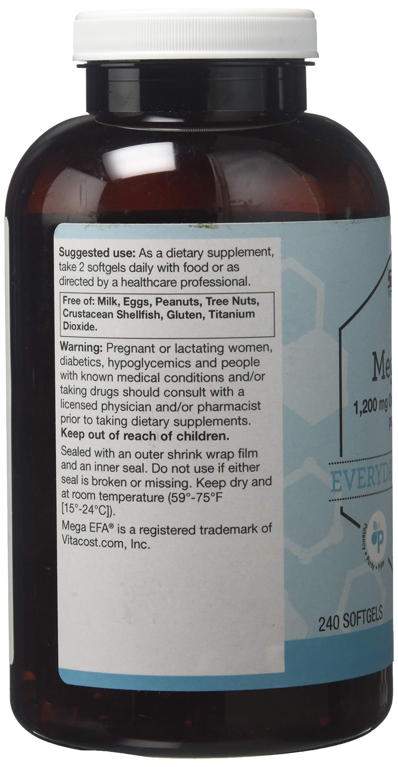 Close-up of Vitacost Mega EFA Mini Gels softgels, easy to swallow.