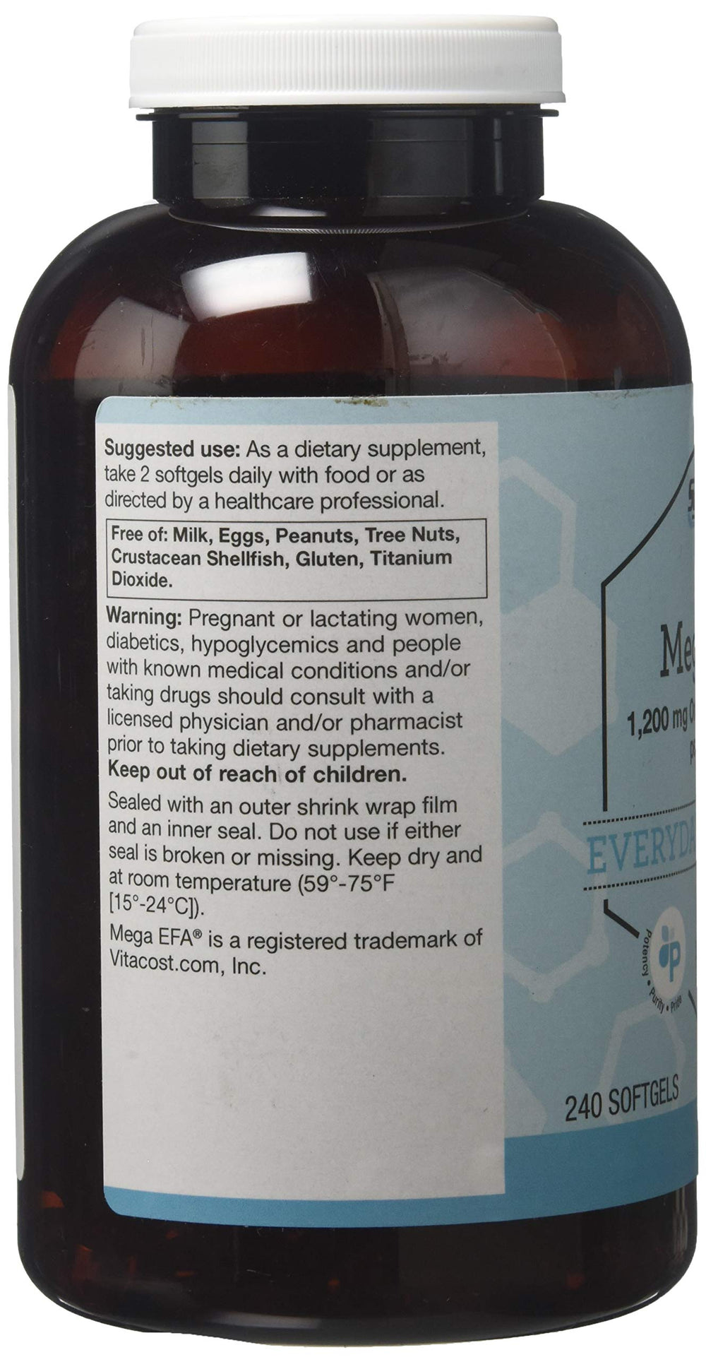 Close-up of Vitacost Mega EFA Mini Gels softgels, easy to swallow.