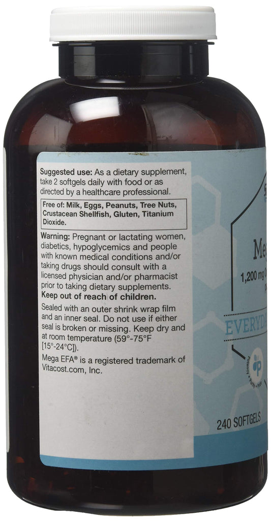 Close-up of Vitacost Mega EFA Mini Gels softgels, easy to swallow.