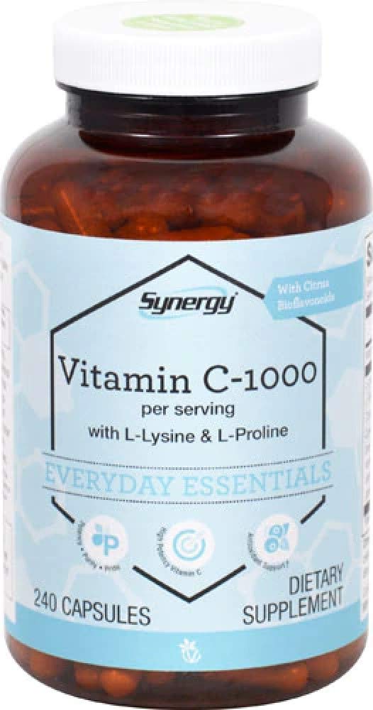 Vitacost Synergy Vitamin C-1000 bottle with L-Lysine & L-Proline for daily wellness