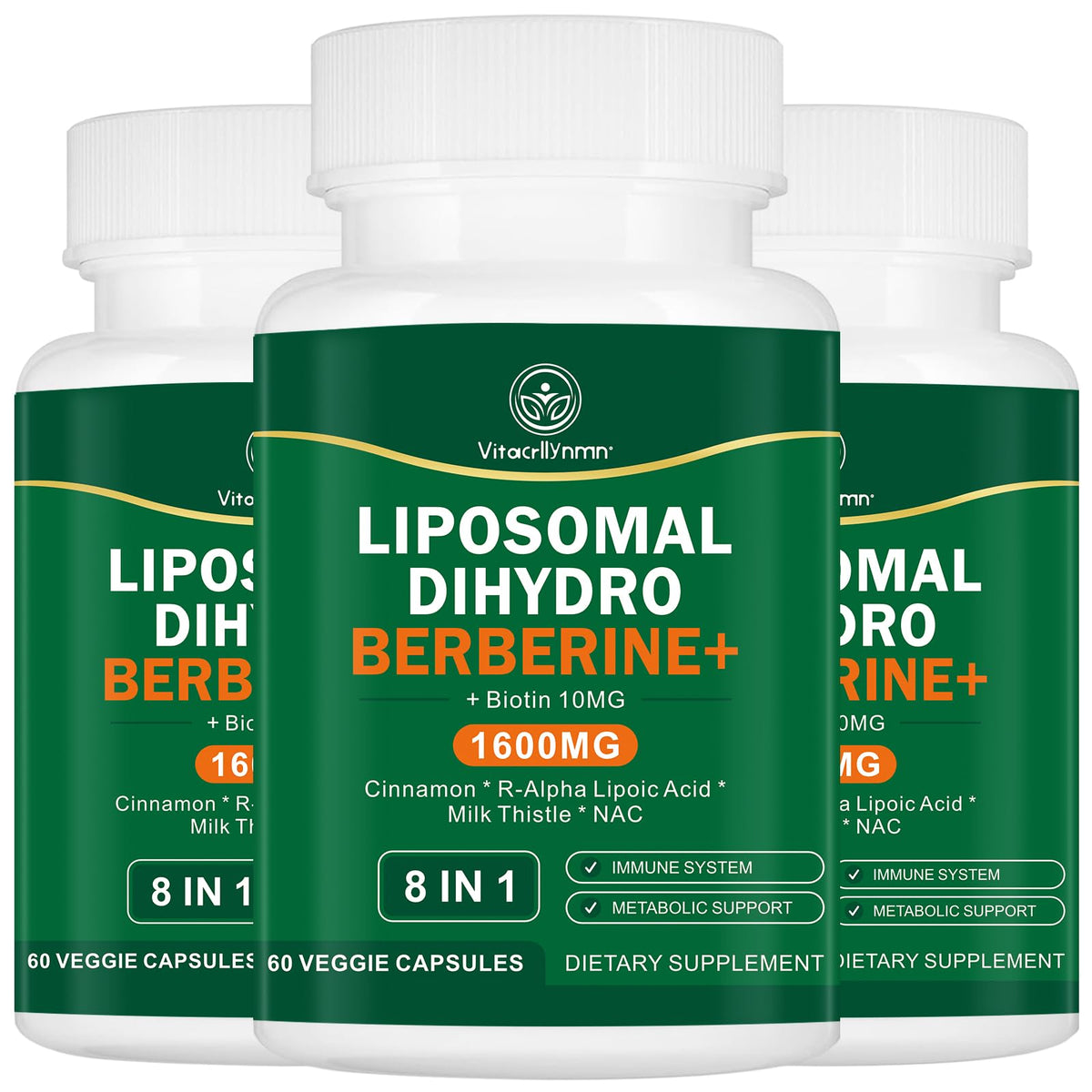 VITACRLLYNMN dihydroberberine bottle pour shows easy daily dosing for consistent use.