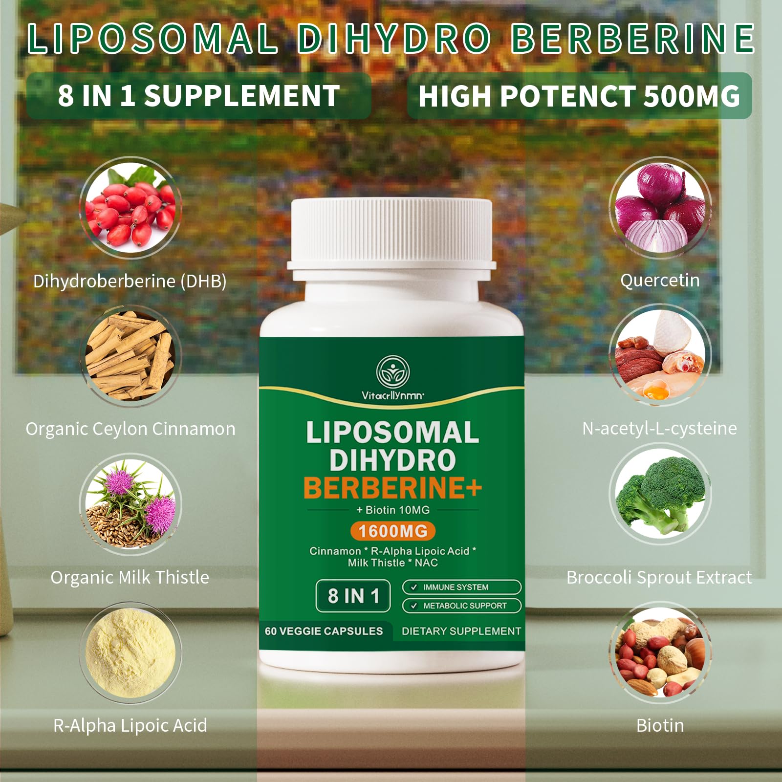 VITACRLLYNMN dihydroberberine ingredient panel displaying safe natural components.