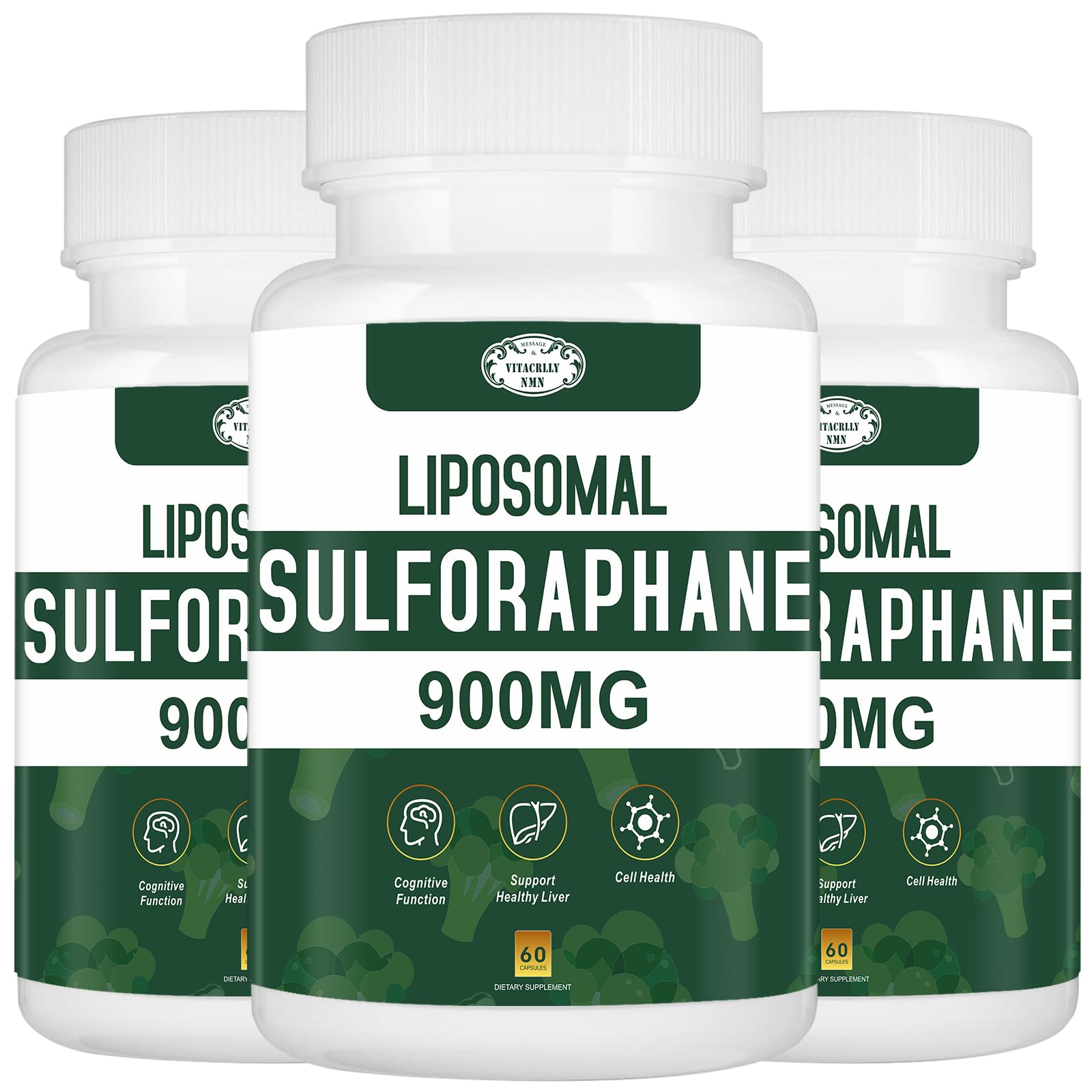 VITACRLLYNMN liposomal sulforaphane 900mg bottle on a clean label for strong antioxidant support