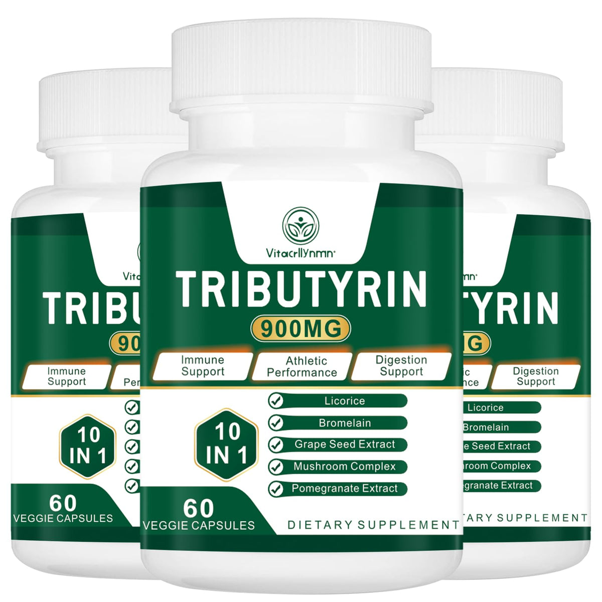 VITACRLLYNMN Tributyrin bottle close-up for gut barrier support and daily wellness.