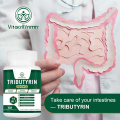 VITACRLLYNMN Tributyrin bottle beside box communicates daily supplement routine.
