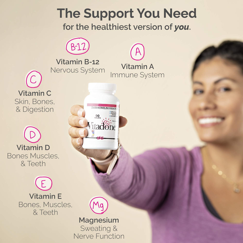 Ingredients panel on Vitadone bottle highlighting essential vitamins