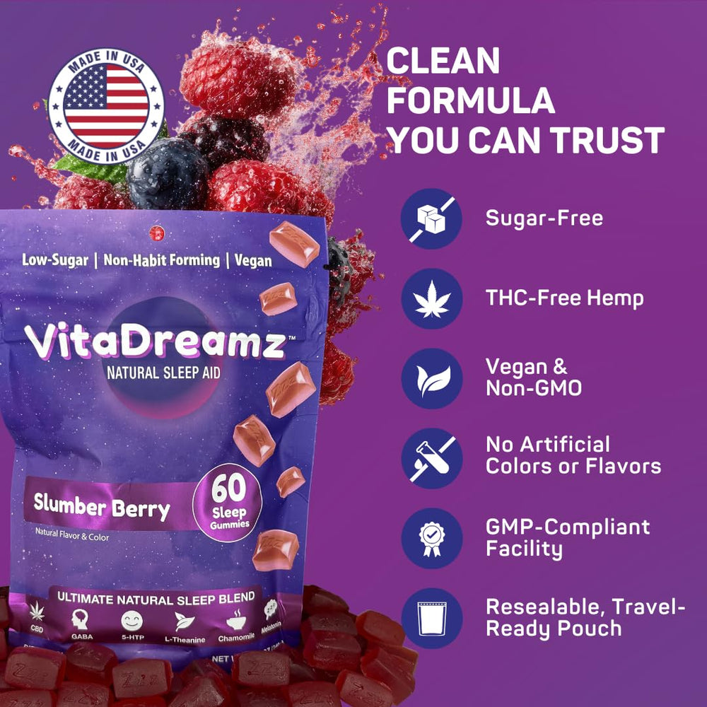 VitaDreamz bottle illustrates GABA, L-Theanine, chamomile synergy for calm.