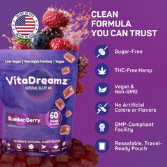 VitaDreamz bottle illustrates GABA, L-Theanine, chamomile synergy for calm.
