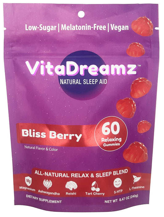VitaDreamz Melatonin-Free Sleep Gummies bottle promotes a calm night routine.