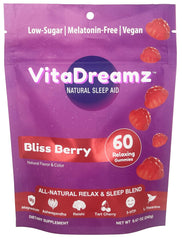 VitaDreamz Melatonin-Free Sleep Gummies bottle promotes a calm night routine.