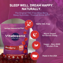 VitaDreamz Bliss Berry flavor gummies shown with a serving count for night use.